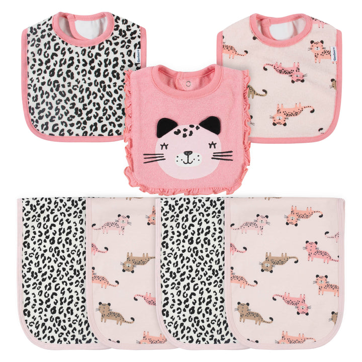 7-Piece Baby Girls Leopard Terry Bibs & Terry Burp Cloths Set-Gerber Childrenswear