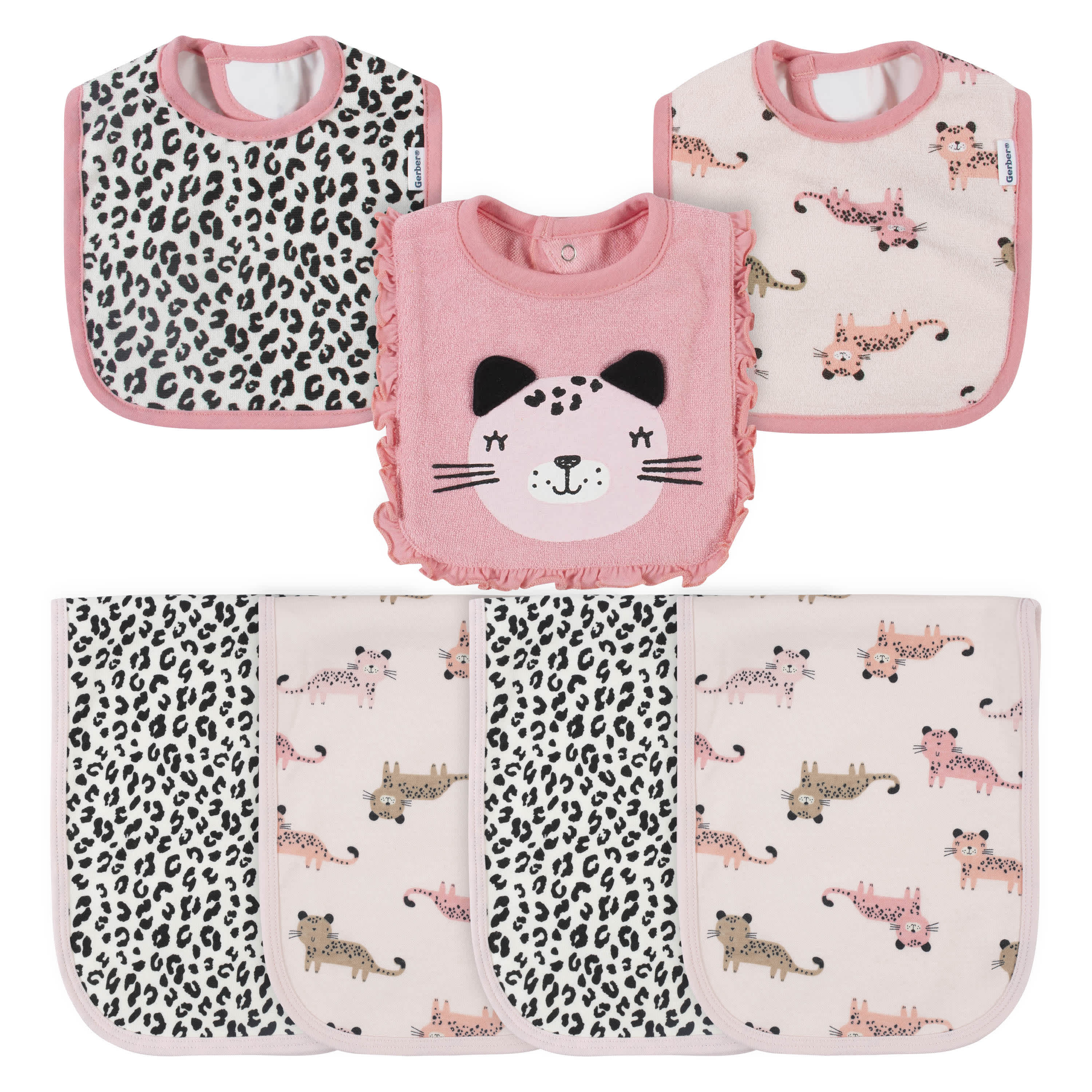 7-Piece Baby Girls Leopard Terry Bibs & Terry Burp Cloths Set-Gerber Childrenswear