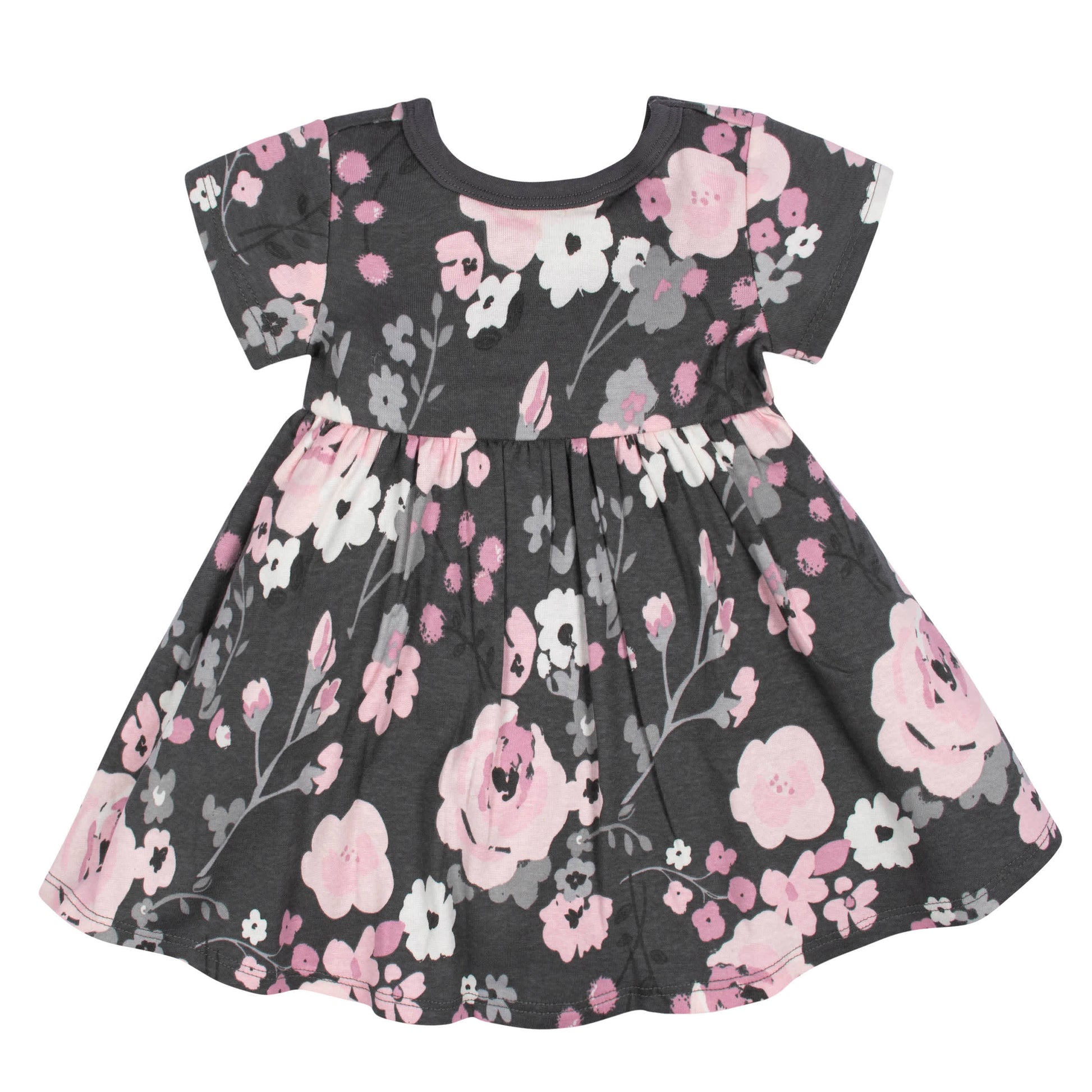 2-Pack Baby Girls Gray Floral Short Sleeve Dresses-Gerber Childrenswear