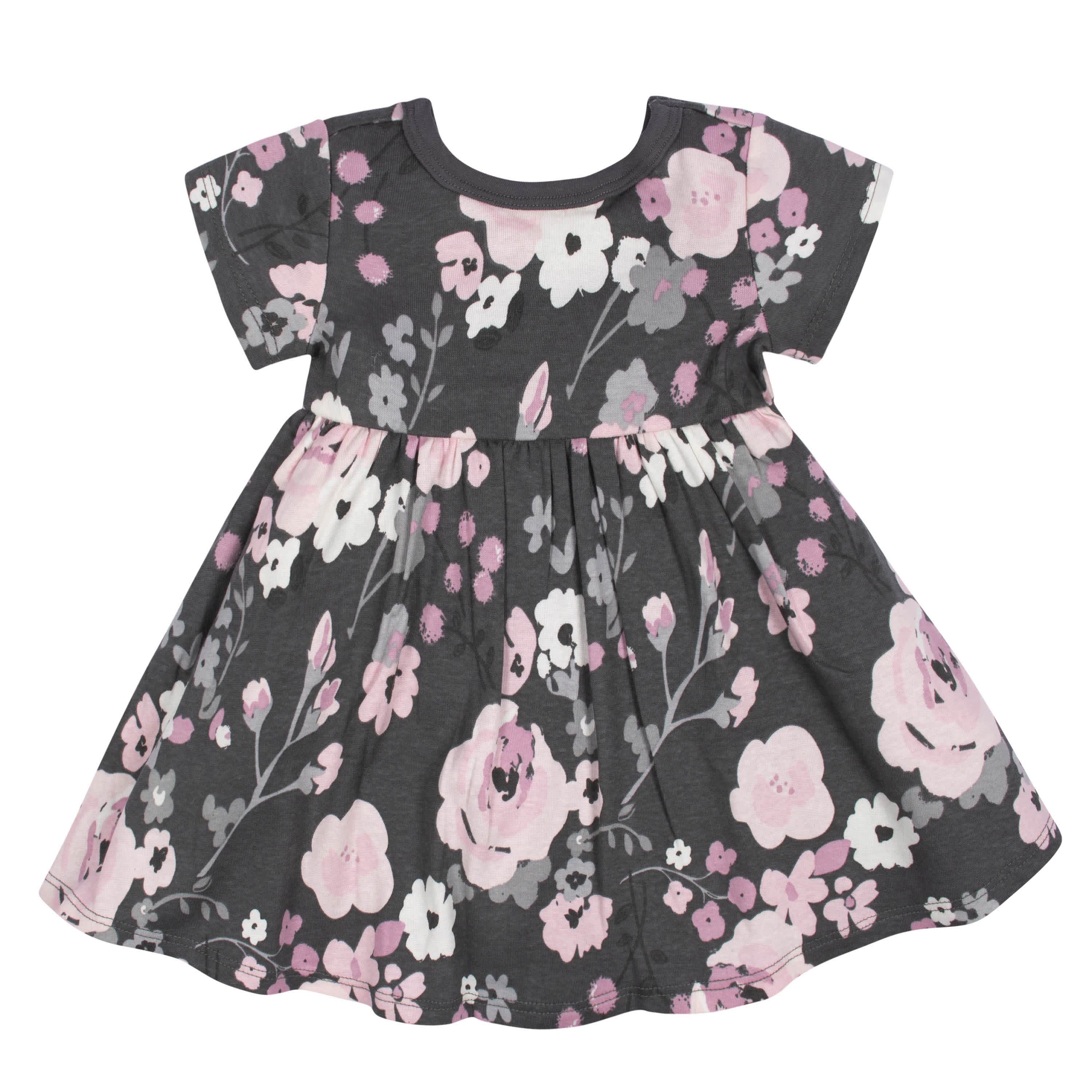 2-Pack Baby Girls Gray Floral Short Sleeve Dresses-Gerber Childrenswear