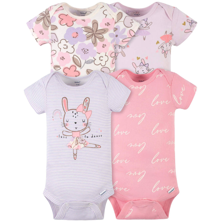 4-Pack Baby Girls Bunny Ballerina Short Sleeve Onesies® Bodysuits-Gerber Childrenswear