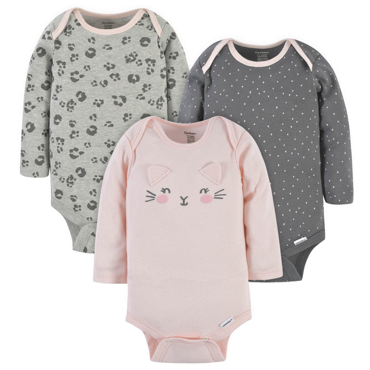 3-Pack Baby Girls Purrfectly Cute Long Sleeve Onesies® Bodysuits-Gerber Childrenswear