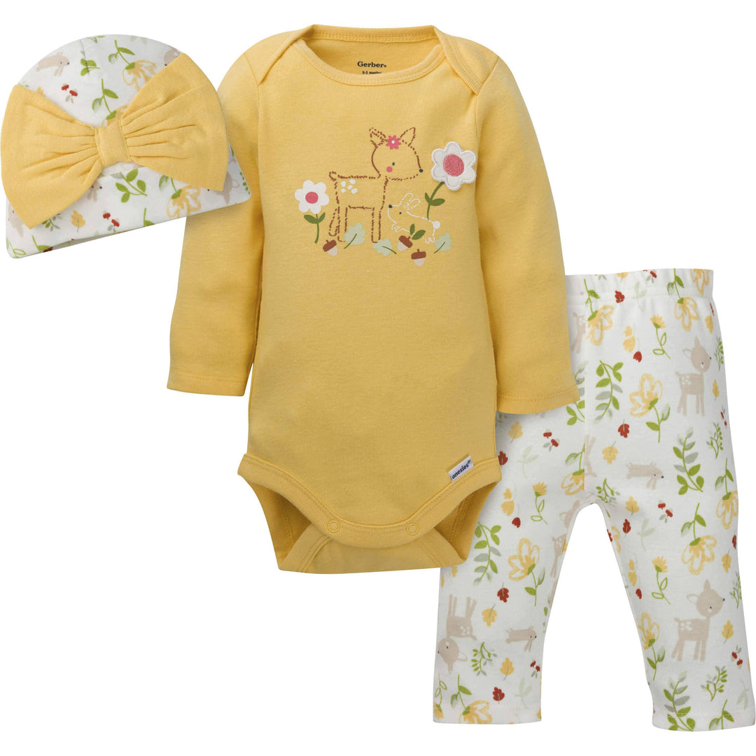 3-Piece Baby Girls Floral Meadow Onesies® Bodysuit, Pant, & Cap Set-Gerber Childrenswear