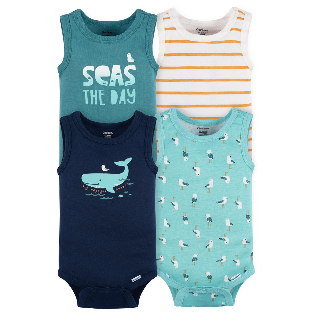 4-Pack Baby Boys Seas The Day Sleeveless Onesies® Bodysuits
