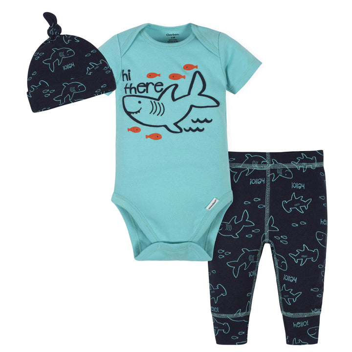 3-Piece Baby Boys Shark Bodysuit, Pants & Cap Set