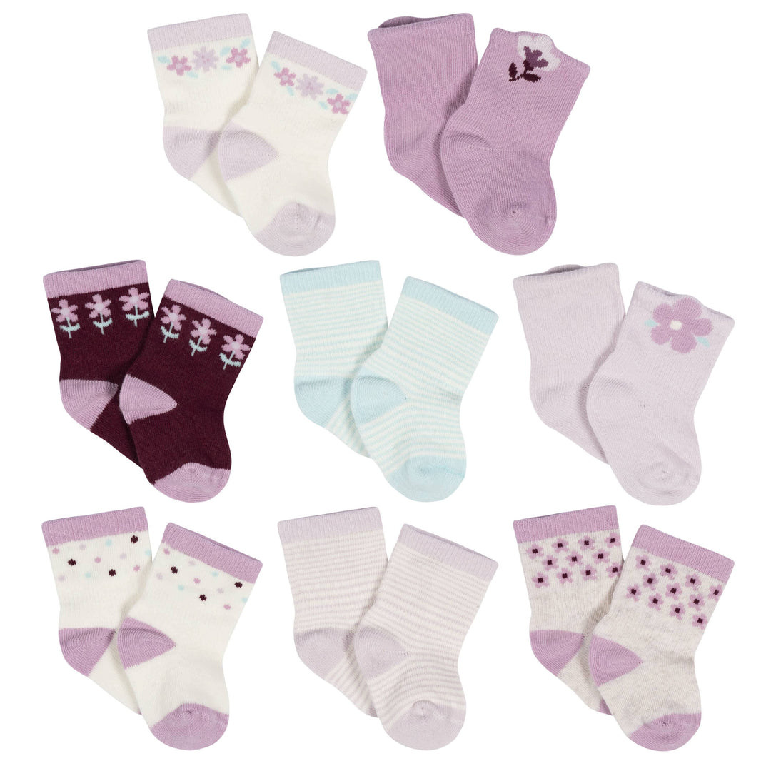 8-Pack Baby Girls Lavender Garden Jersey Wiggle Proof® Socks