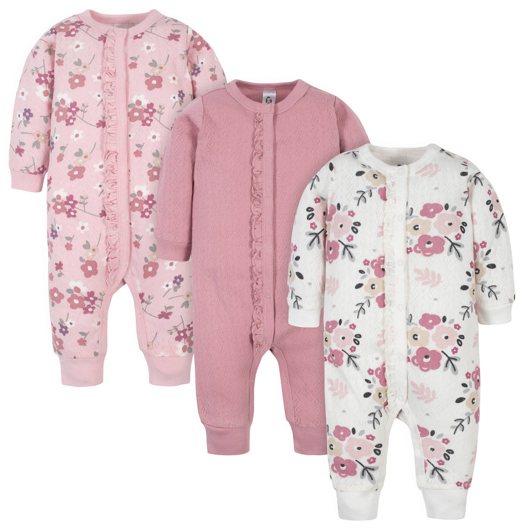 3-Pack Organic Baby Girls Flower Coveralls-Gerber Childrenswear