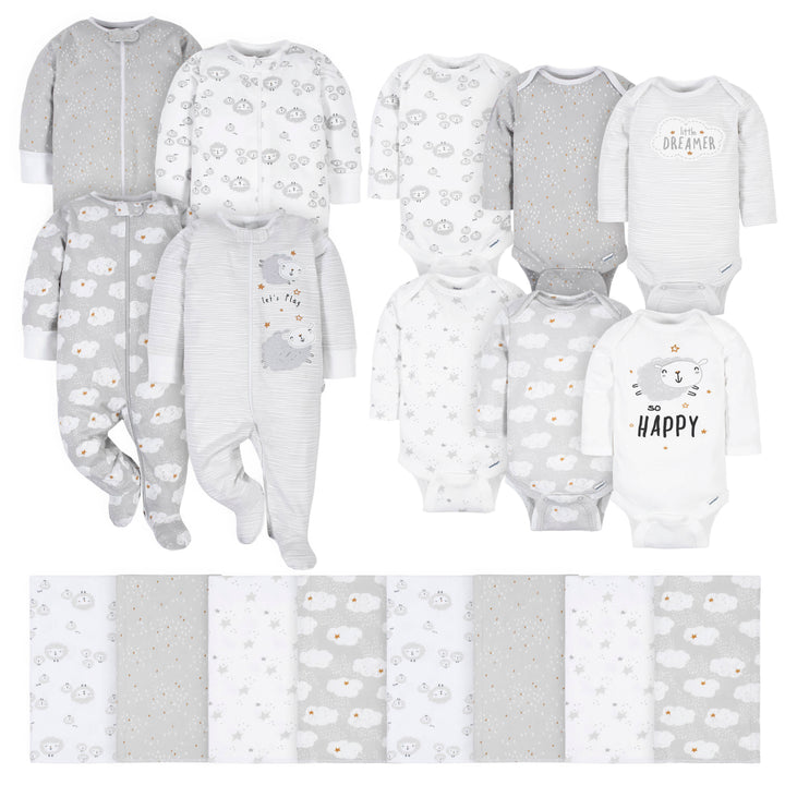 18-Piece Baby Neutral Sheep and Clouds Sleep 'N Play, Onesies® Bodysuit, and Burpcloth Set-Gerber Childrenswear