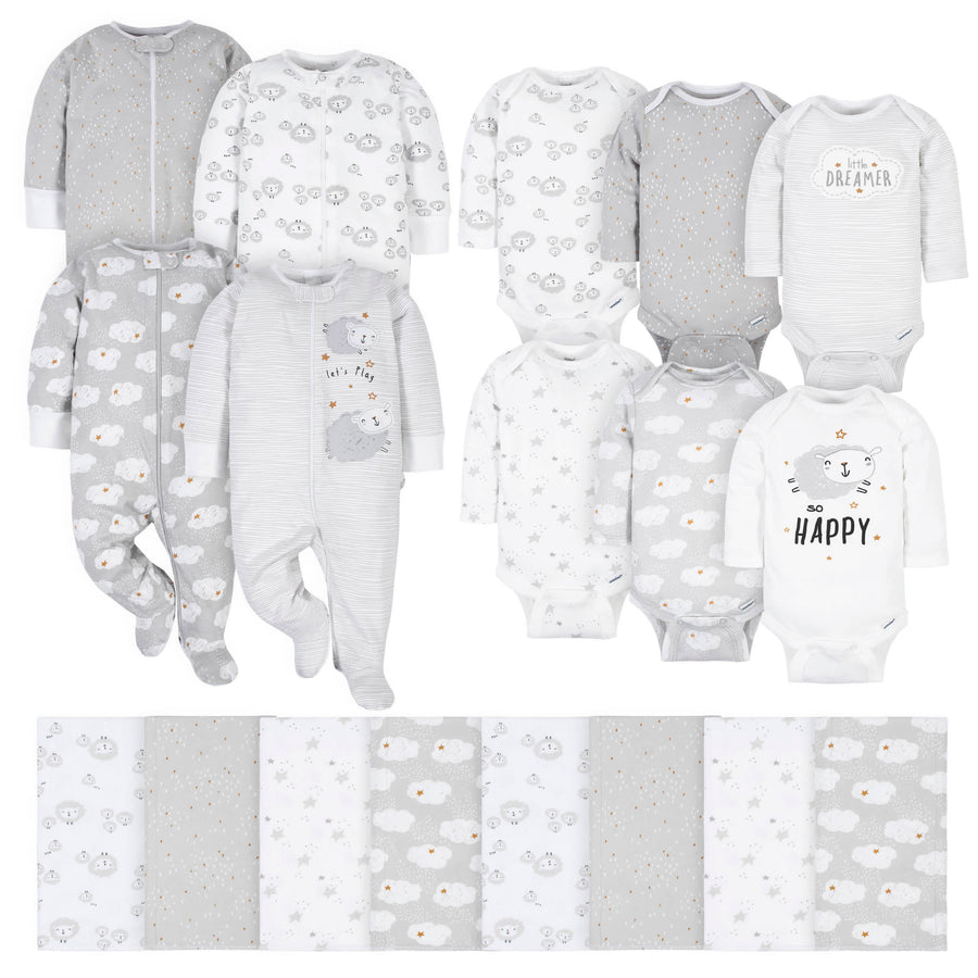 18-Piece Baby Neutral Sheep and Clouds Sleep 'N Play, Onesies® Bodysuit, and Burpcloth Set-Gerber Childrenswear