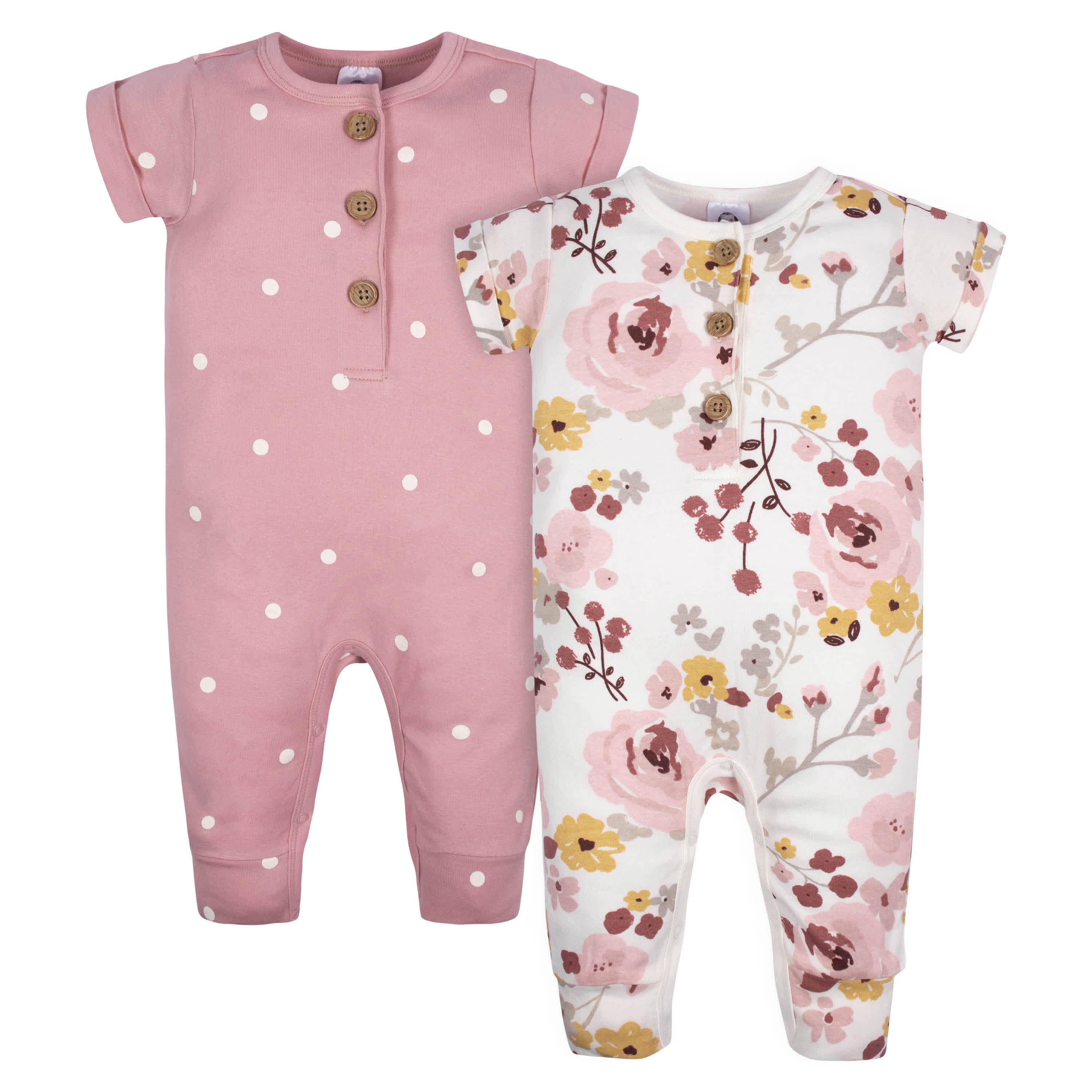 2-Pack Baby Girls Floral & Dots Short Sleeve Rompers-Gerber Childrenswear