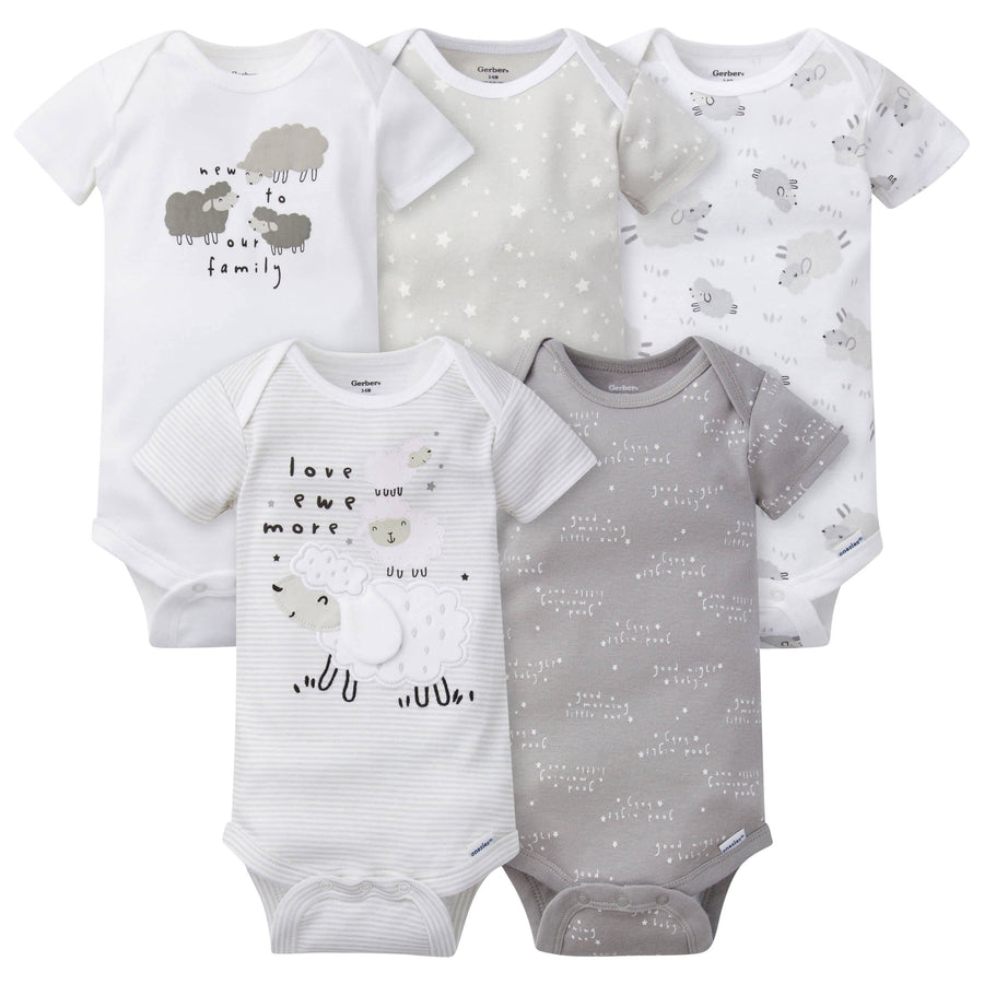 5-Pack Baby Neutral Lamb Short Sleeve Onesies® Bodysuits