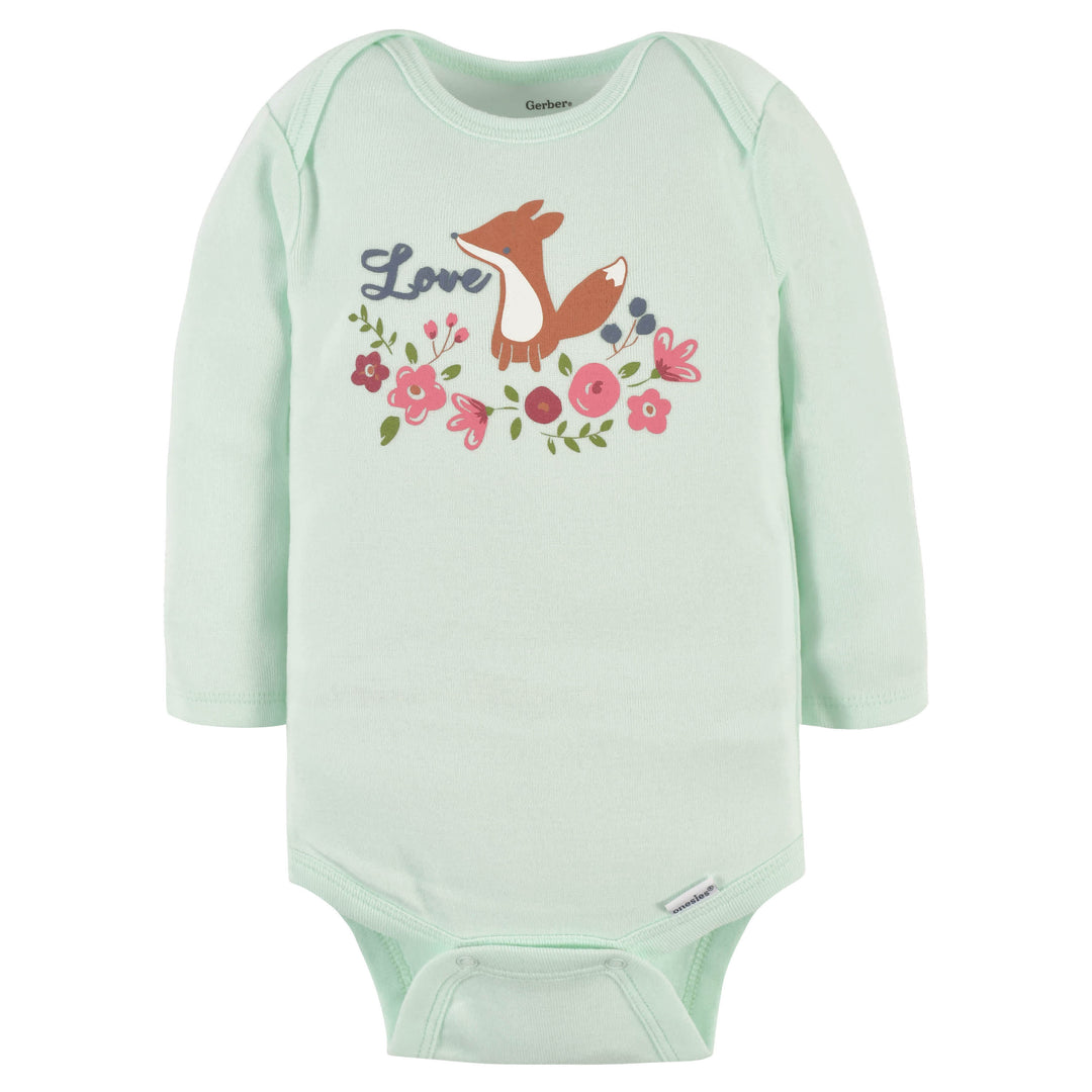 3-Pack Baby Girls Sweet Floral Fox Long Sleeve Onesies® Bodysuits-Gerber Childrenswear