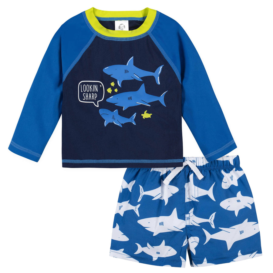 2-Piece Baby Boys UPF 50+ Shark Zone Rash Guard Swim Trunks Set