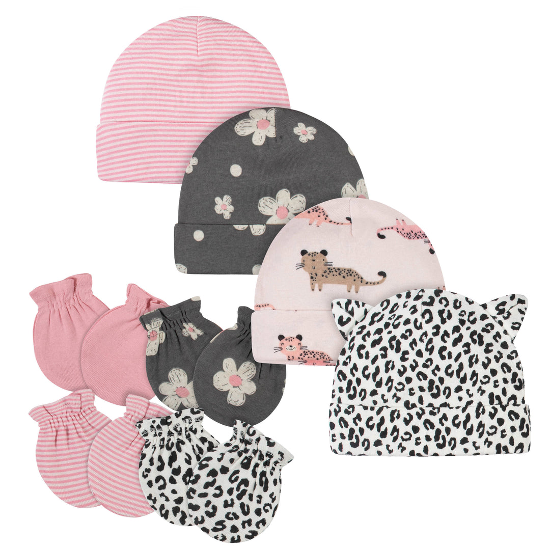 8-Piece Baby Girls Leopard Caps & Mittens Set-Gerber Childrenswear
