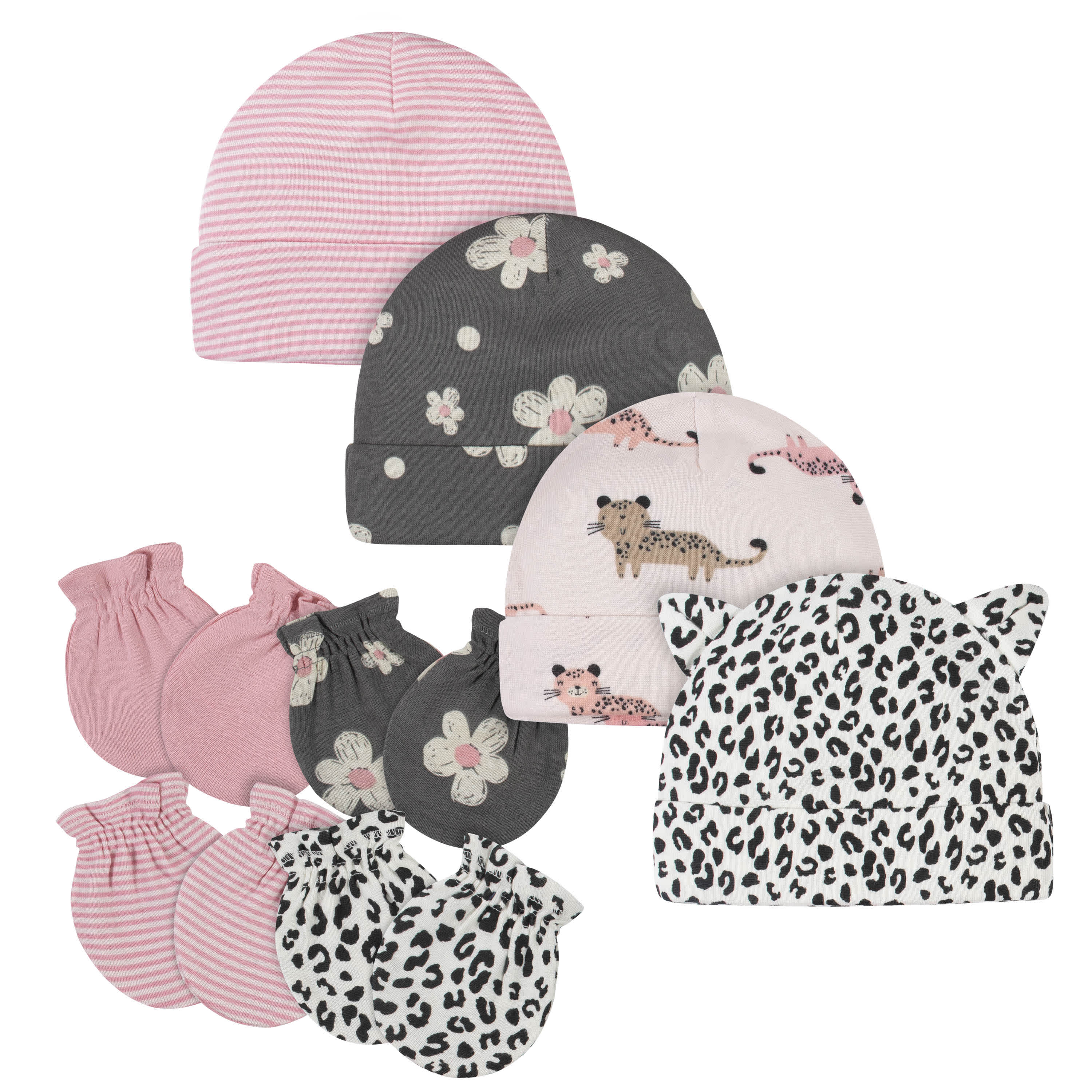 8-Piece Baby Girls Leopard Caps & Mittens Set-Gerber Childrenswear