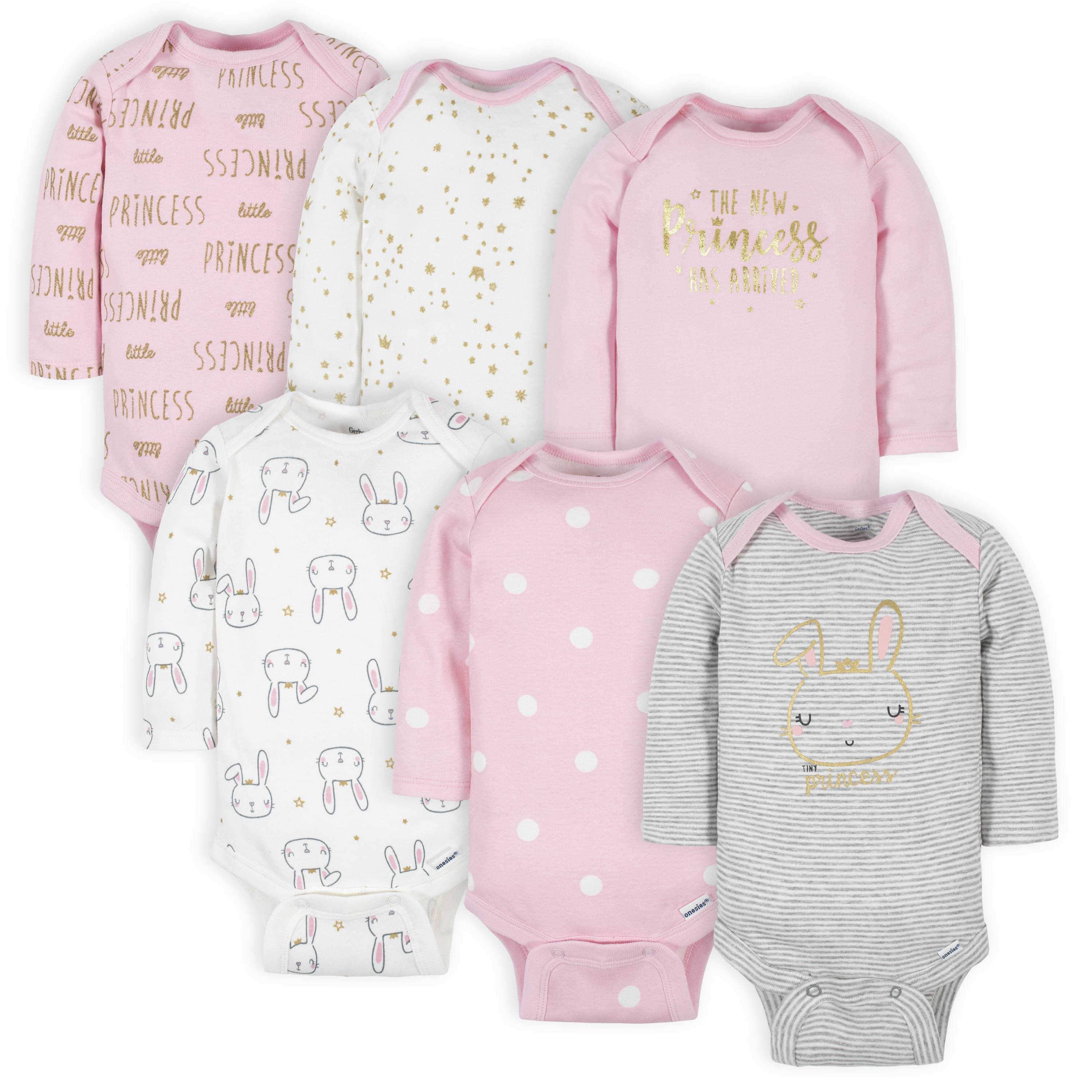 6-Pack Baby Girls Princess Long Sleeve Onesies® Bodysuits-Gerber Childrenswear