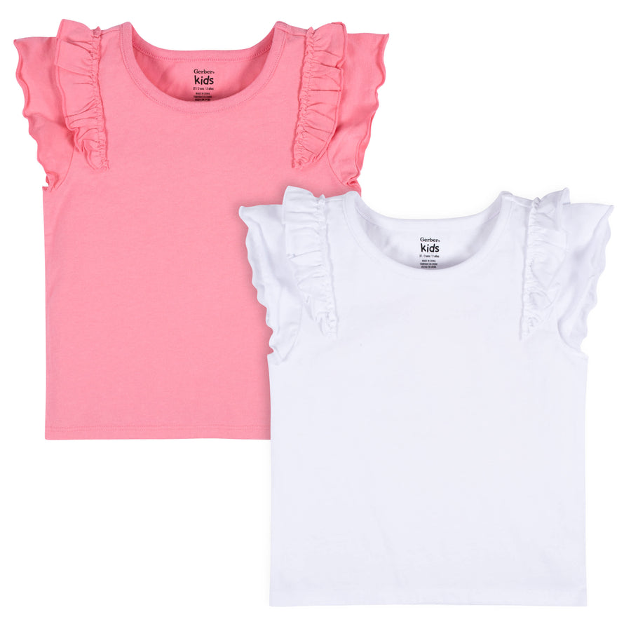 2-Pack Infant & Toddler Girls Pink & White Double Ruffle Tops