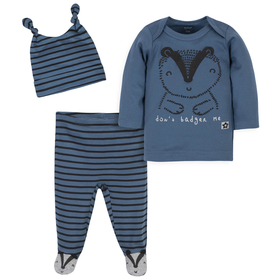 3-Piece Baby Boys Comfy Stretch Badger Shirt, Footed Pant and Cap Set-Gerber Childrenswear
