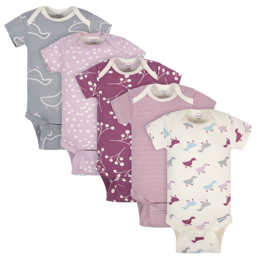 5-Pack Baby Girls Comfy Stretch Ducklings Short Sleeve Onesies® Bodysuits-Gerber Childrenswear