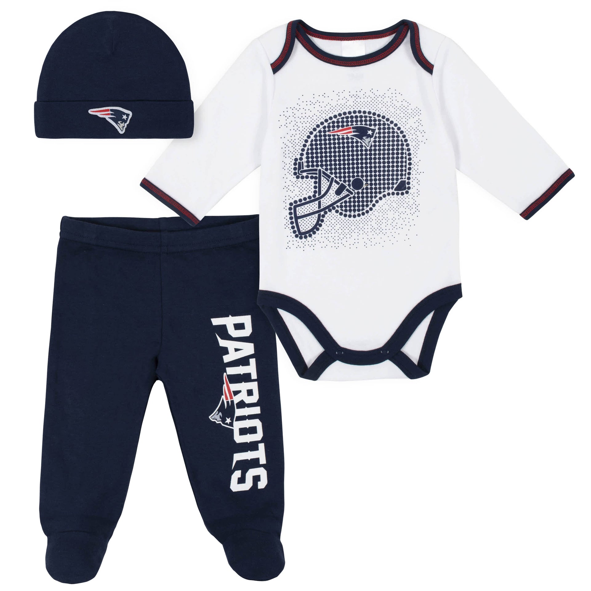 3 Piece England Patriots Bodysuit Footed Pant Cap Set