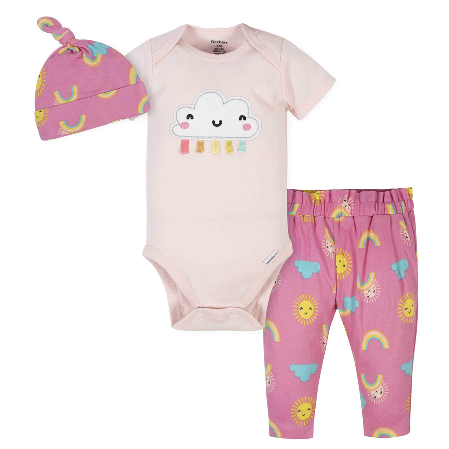 3-Piece Baby Girls Rainbows Bodysuit, Pants & Cap Set