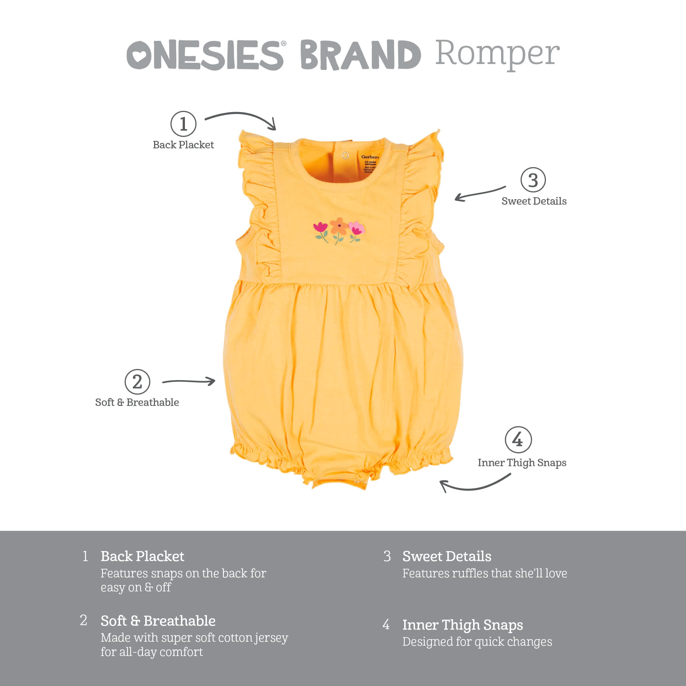 3-Pack Baby Girls Floral Fox Rompers