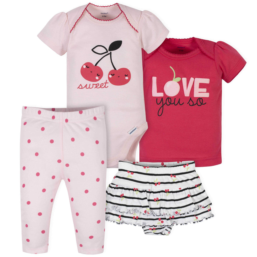 4-Piece Baby Girls Cherries Onesies® Bodysuit, Skirted Panty, Shirt, and Slim Pant Set