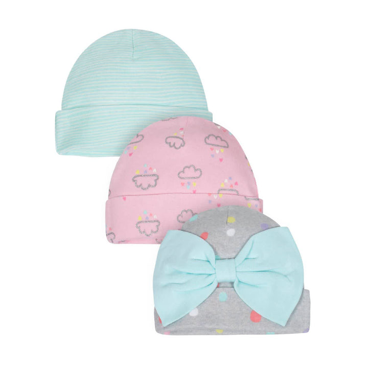 Gerber® Organic 3-Pack Baby Girls Clouds Ribbed Caps-Gerber Childrenswear