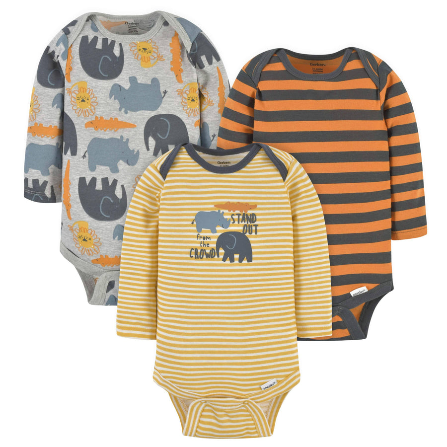 3-Pack Baby Boys Roaring Adventure Long Sleeve Onesies® Bodysuits-Gerber Childrenswear