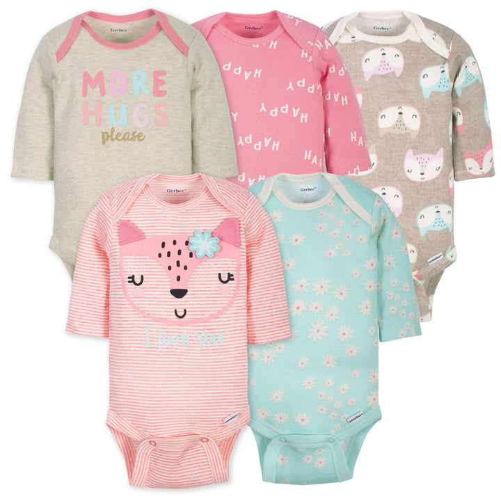 5-Pack Baby Girls Fox Long Sleeve Onesies® Bodysuits-Gerber Childrenswear