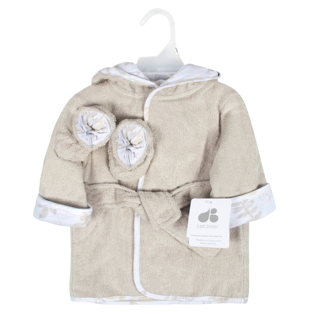 Embroidered 2-Piece Baby Neutral Natural Leaves Bathrobe & Booties Set (0-9M)
