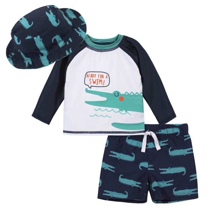 3-Piece Boys Alligator Swim Trunks, Rash Guard, & Hat Bundle-Gerber Childrenswear