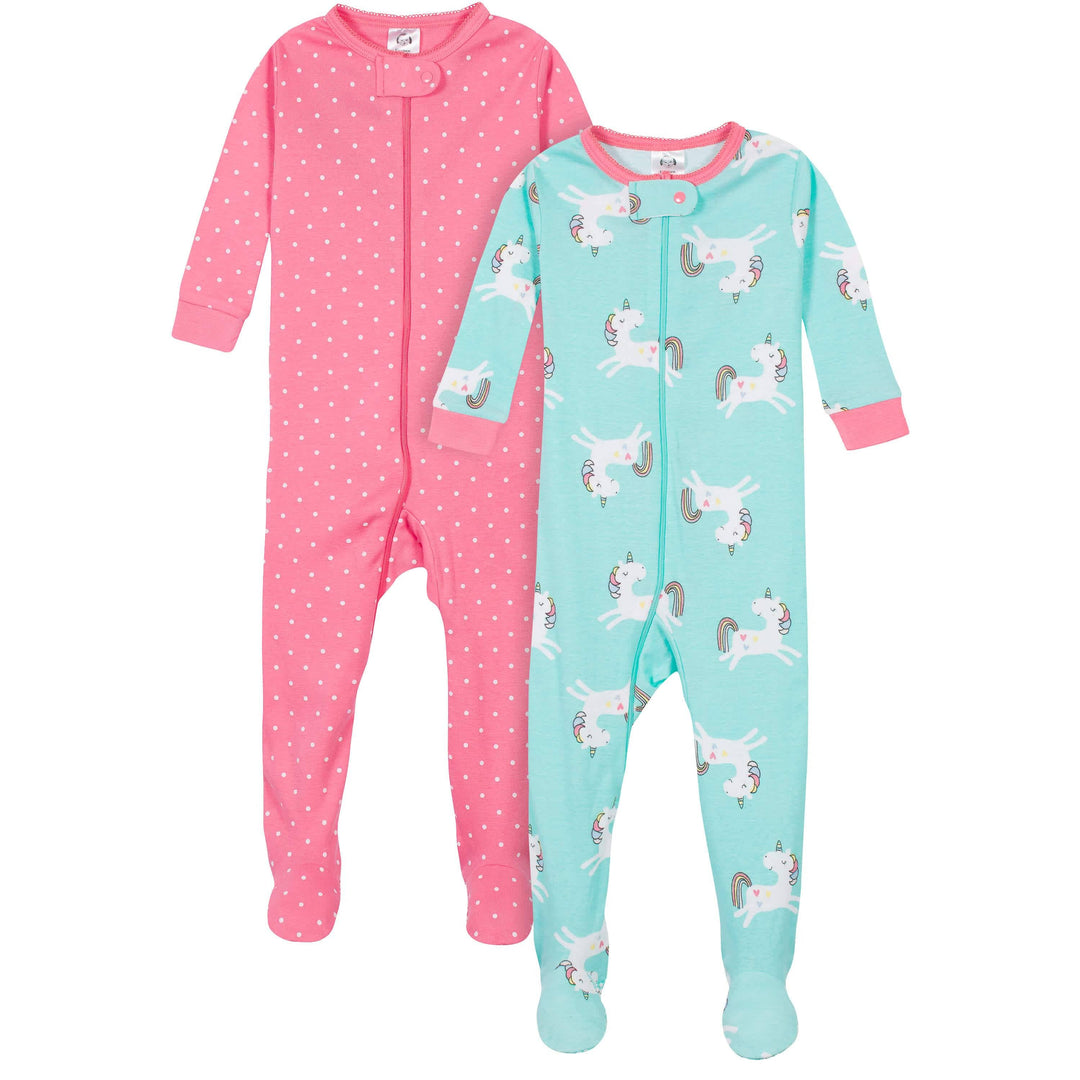 2-Pack Baby & Toddler Girls Unicorns Snug Fit Footed Cotton Pajamas-Gerber Childrenswear