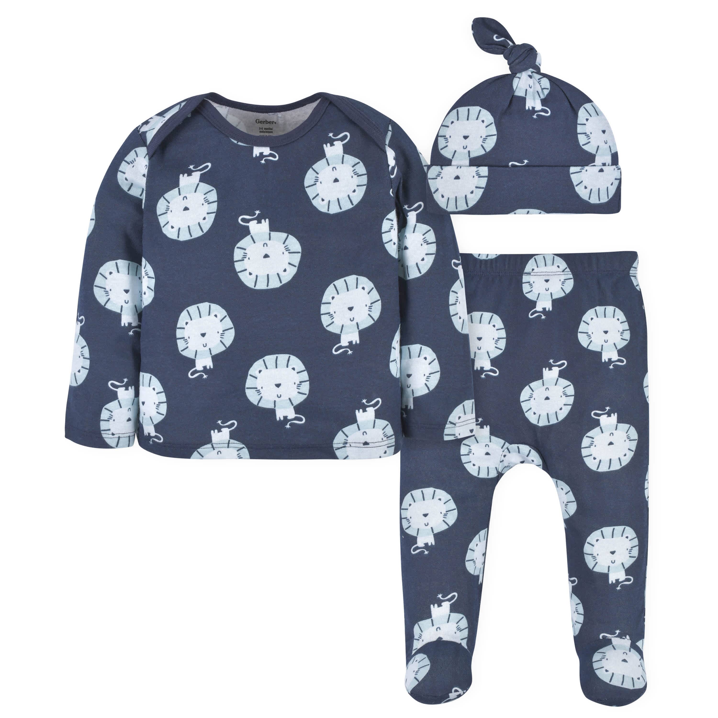 3-Piece Baby Boys Comfy Stretch Lion Long Sleeve Shirt, Footed Pant, & Cap Set-Gerber Childrenswear