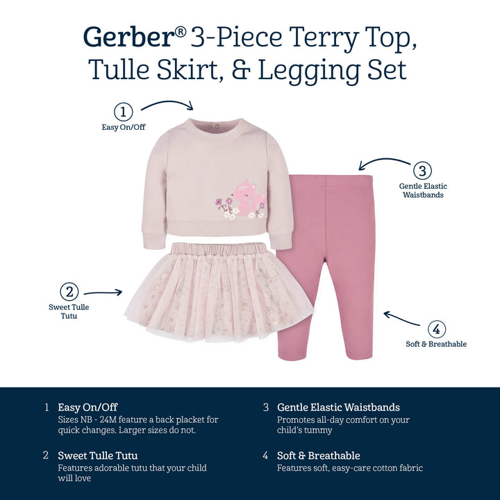 3-Piece Baby & Toddler Girls Purple Woodland French Terry Top, Tulle Tutu, & Legging Set