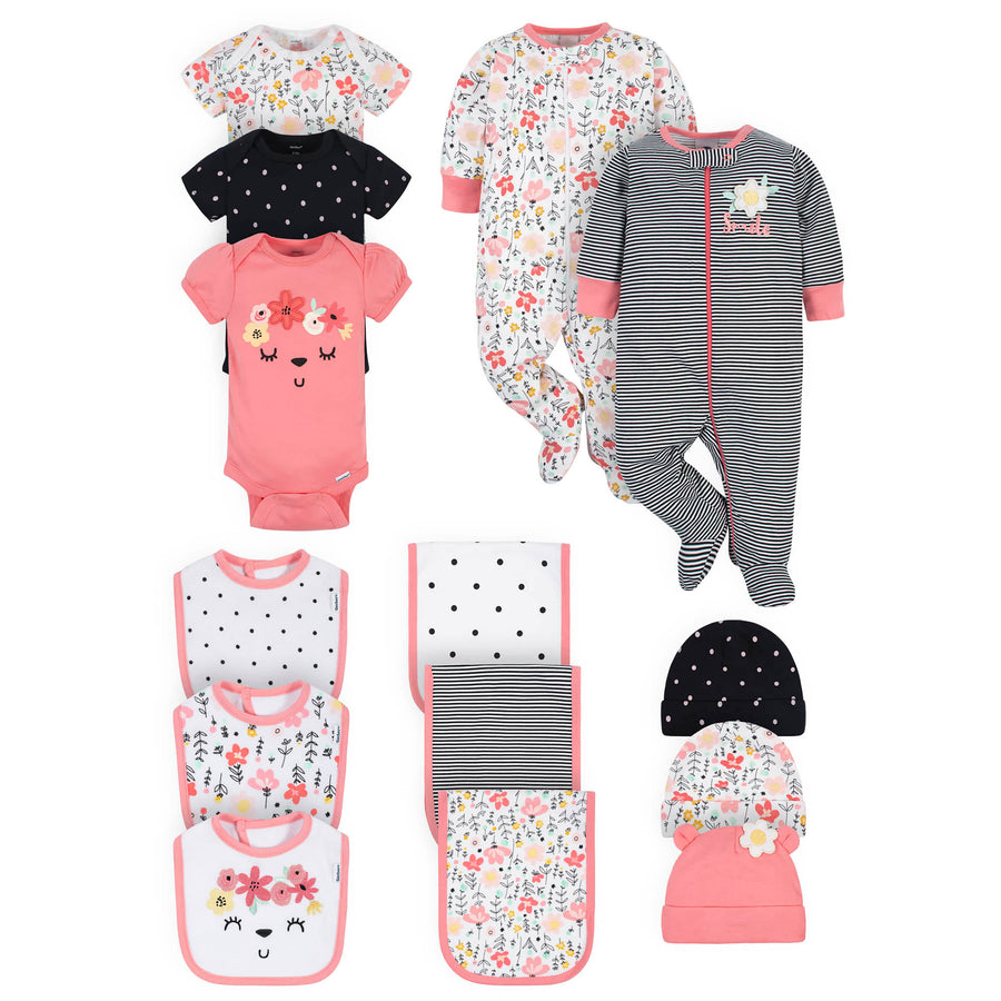 14-Piece Baby Girls Garden Floral Onesies® Bodysuits, Sleep 'N Plays, Caps, Bibs, & Burp Cloths Set