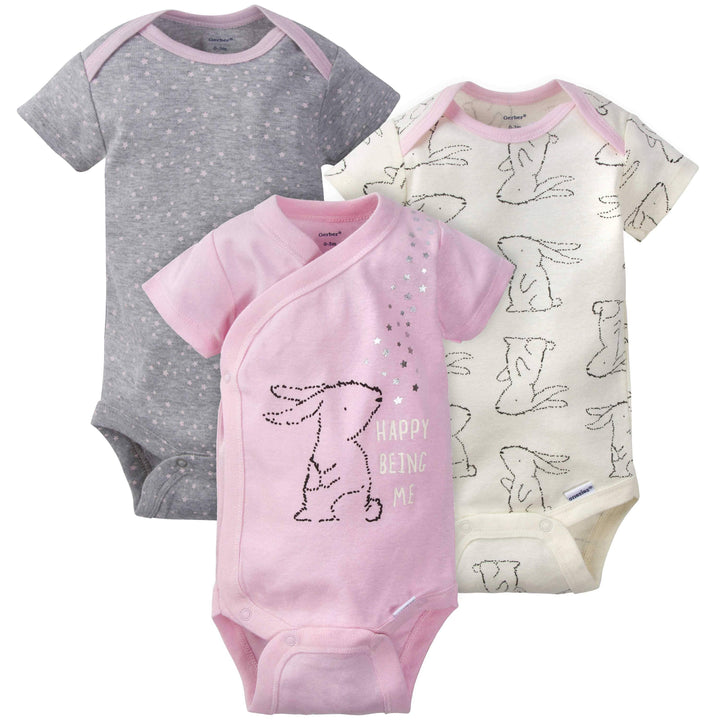3-Pack Baby Girls' Bunny Short Sleeve Onesies® Bodysuits-Gerber Childrenswear