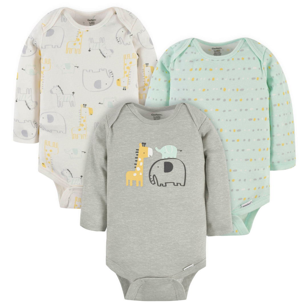 3-Pack Baby Neutral Baby Safari Long Sleeve Onesies® Bodysuits-Gerber Childrenswear