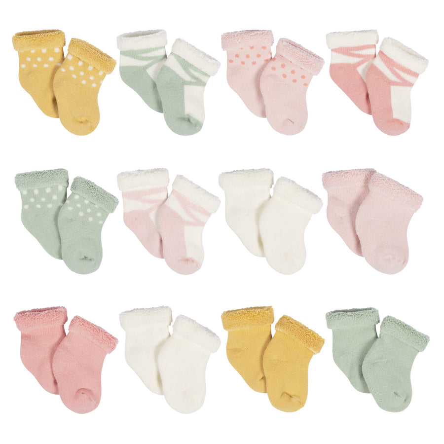 12-Pack Baby Girls Golden Floral Terry Wiggle Proof® Socks