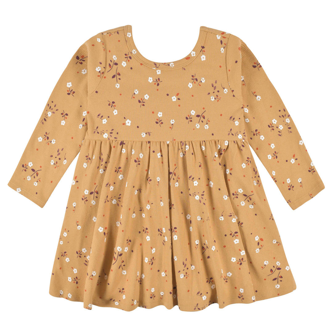 2-Pack Infant & Toddler Girls Mustard Floral Long Sleeve Dresses