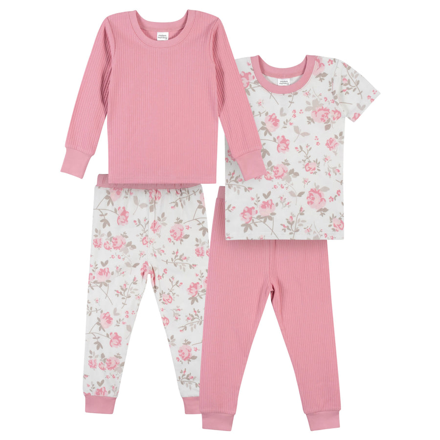 4-Piece Infant & Toddler Girls Roses Snug Fit Pajamas