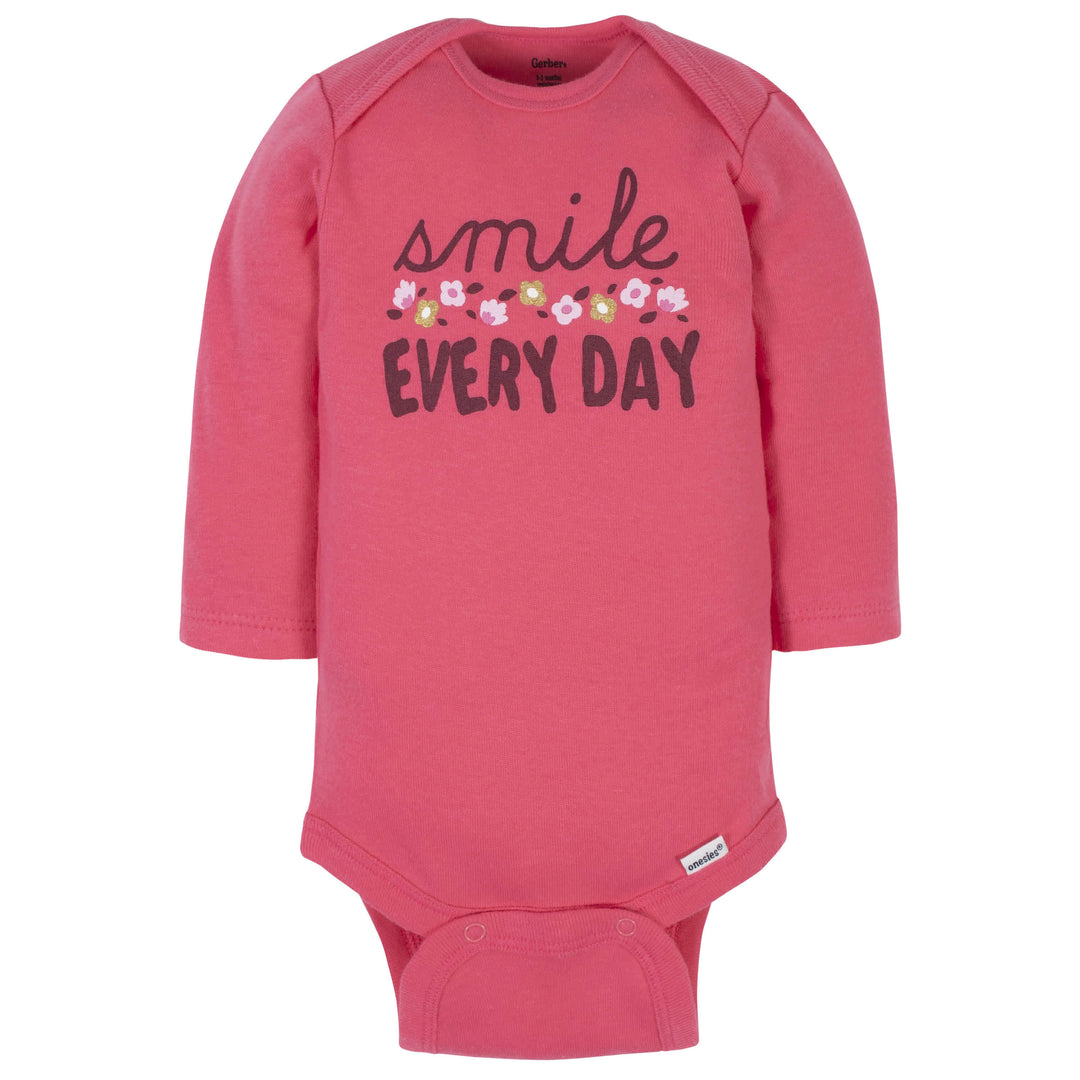 3-Pack Baby Girls Smile Everyday Long Sleeve Onesies® Bodysuits-Gerber Childrenswear