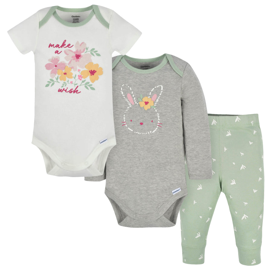 3-Piece Baby Girls Bunny Onesies® Bodysuits and Pants Set