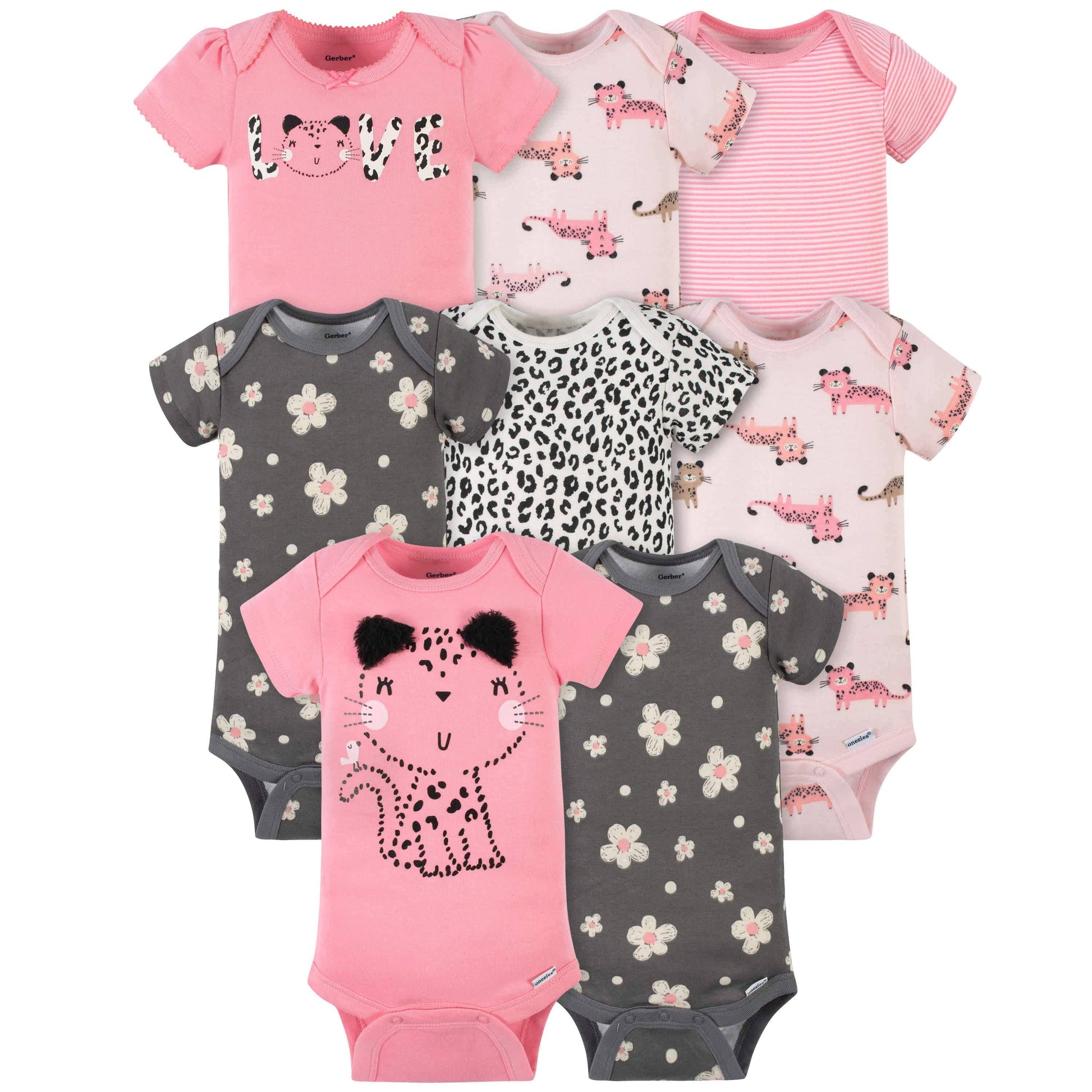 8-Pack Baby Girls Leopard Short Sleeve Onesies® Bodysuits-Gerber Childrenswear