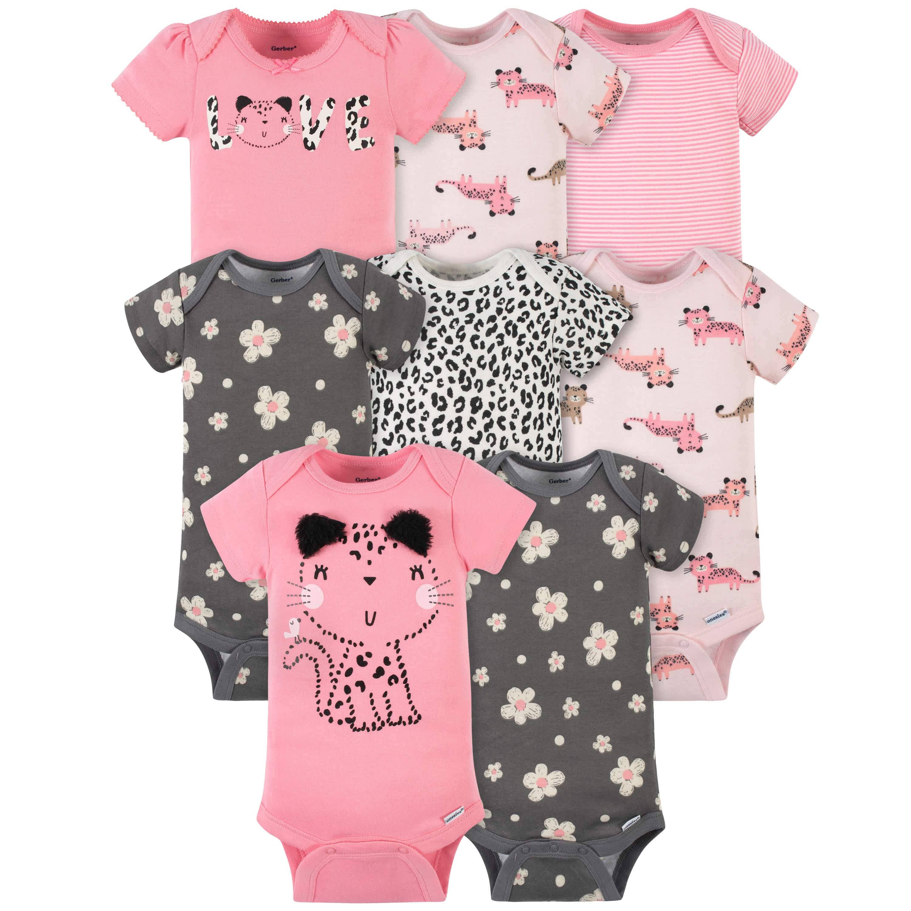 8-Pack Baby Girls Leopard Short Sleeve Onesies® Bodysuits-Gerber Childrenswear